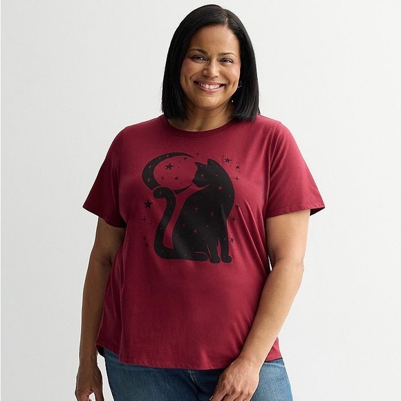 Women’s Mighty Fine Maroon W/Black Cat Graphic Short Sleeve Tee. Size 3X - Picture 1 of 3